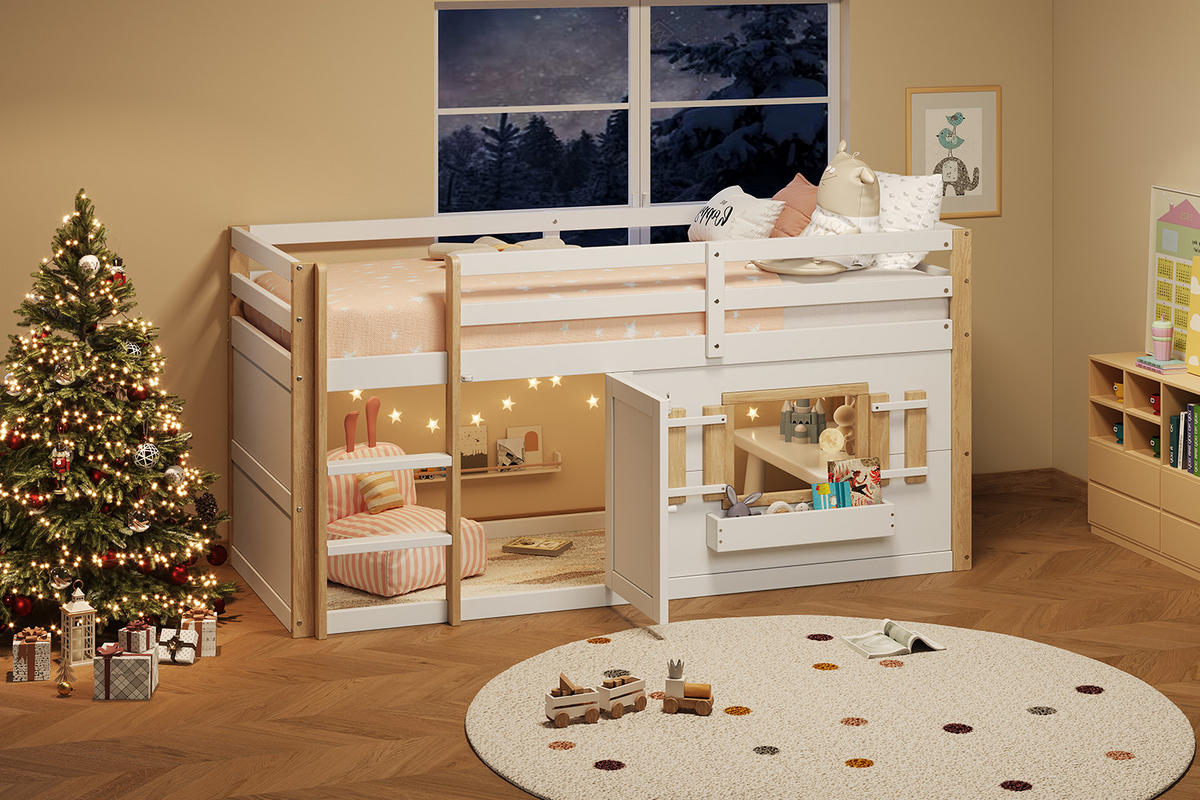 HOCHBETT 90/200 cm in Weiß mit Leiter und Spielfläche Massivholz - Weiß, Holz/Holzwerkstoff (90/200cm) - CHICFURN