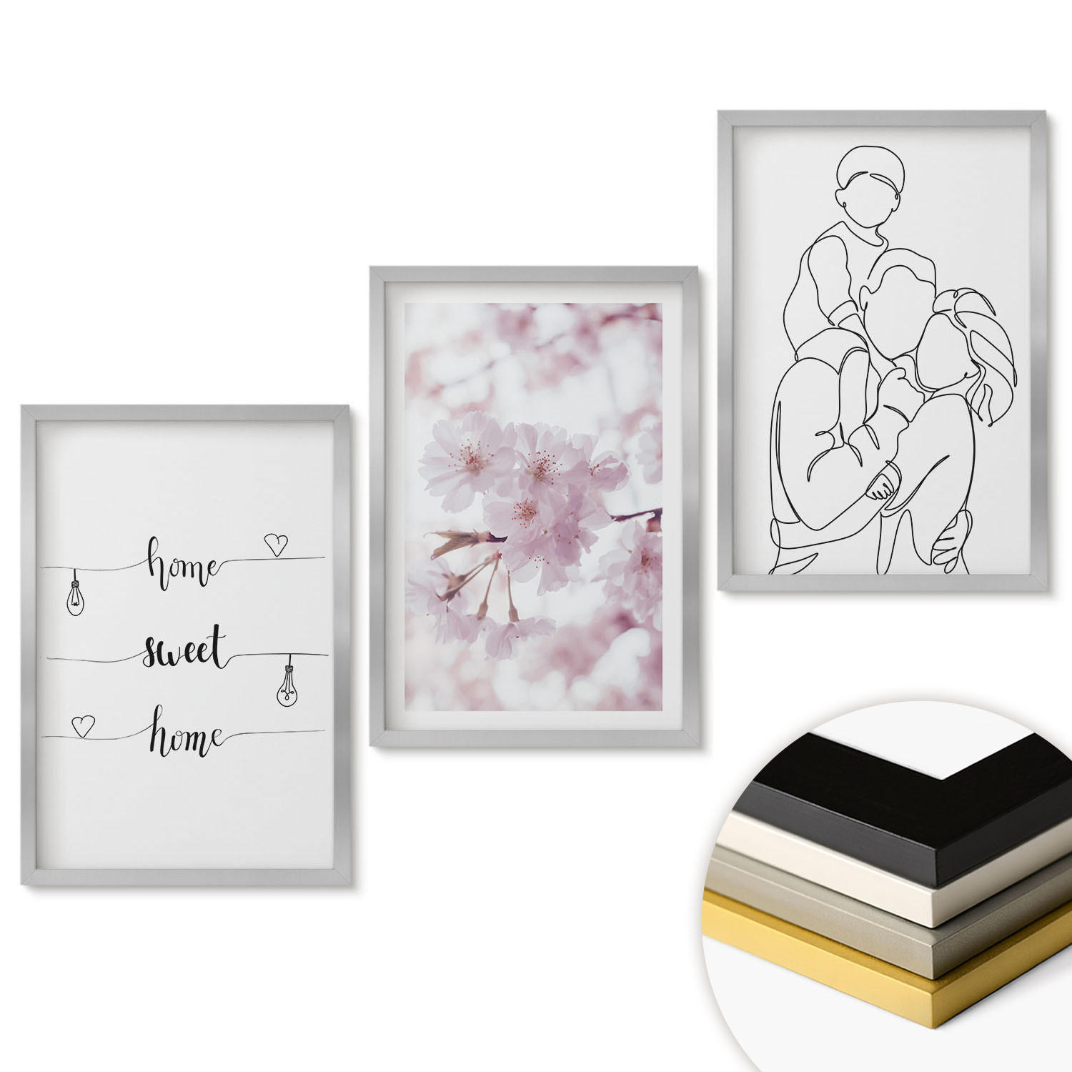 WANDBILDER 3er Set - 40x60 cm Silberner Rahmen - Blumenfamilie minimalistisch - Silberfarben, Kunststoff (40/60cm) - ArtPrintCave