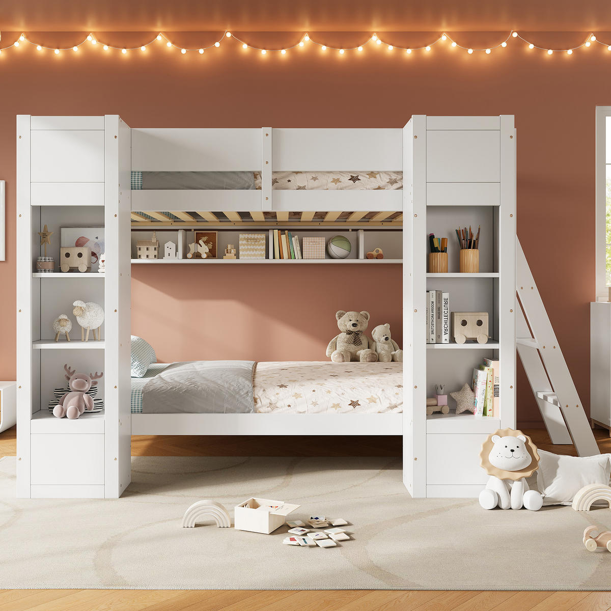 ETAGENBETT 90/200 cm in Weiß mit 2 Frontschränken, Hängeregal, Leiter und Rausfallschutz aus Massivholz und MDF - Weiß, Holzwerkstoff (90/200cm) - STILVORA