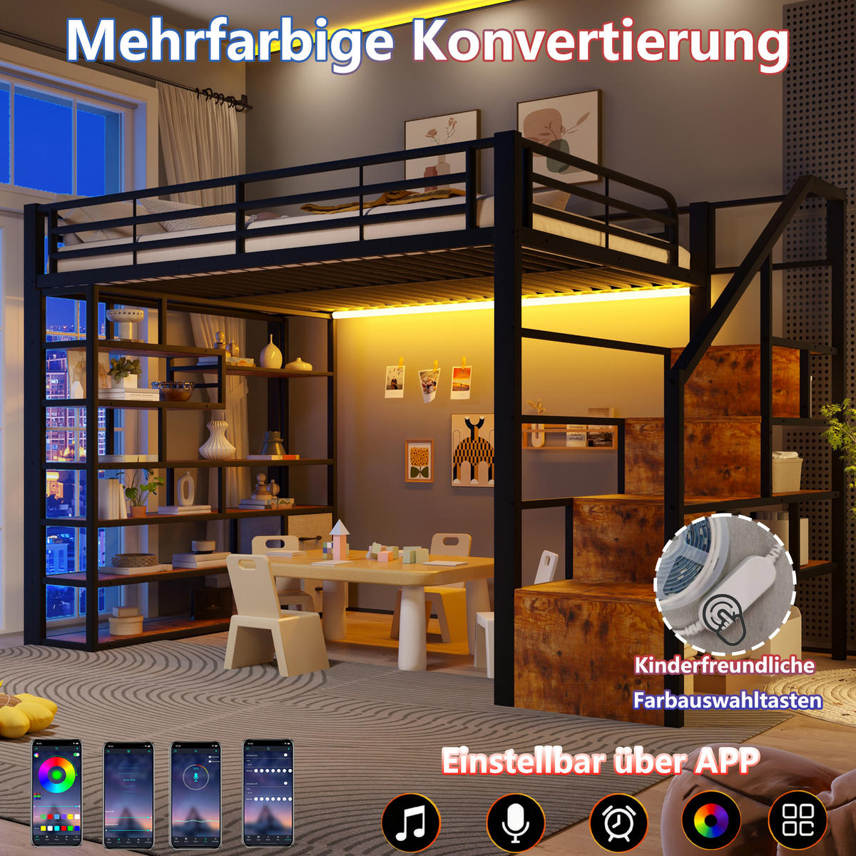 HOCHBETT 140x200 Metallrahmen mit LED Treppe Stauraum Schwarz - Schwarz, Metall - Gisaae