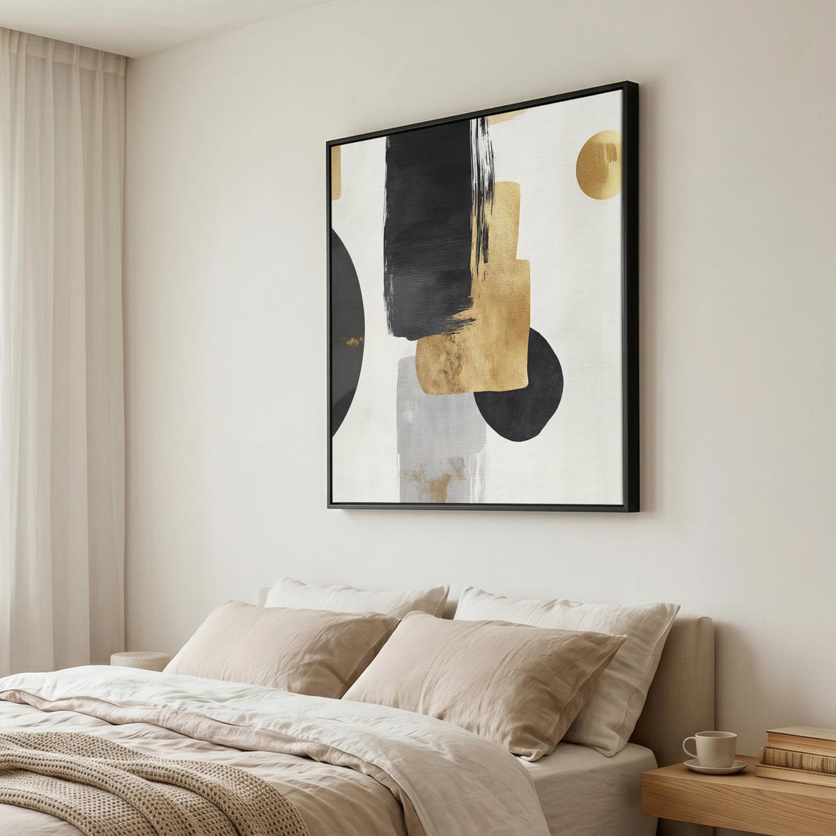 LEINWAND Bilder mit Rahmen - Gold - Rechtecke - Kreise - Abstrakt - 90x90 - Weiß, Textil (90/90cm) - MuchoWow