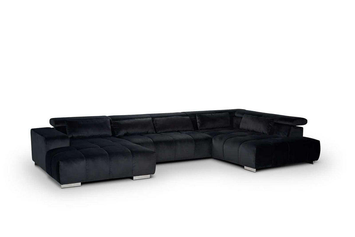 WOHNLANDSCHAFT XXL mit verstellbaren Kopflehnen, Velvet-Stoff - Silberfarben/Schwarz, Textil/Metall (225/73/409cm) - Cotta