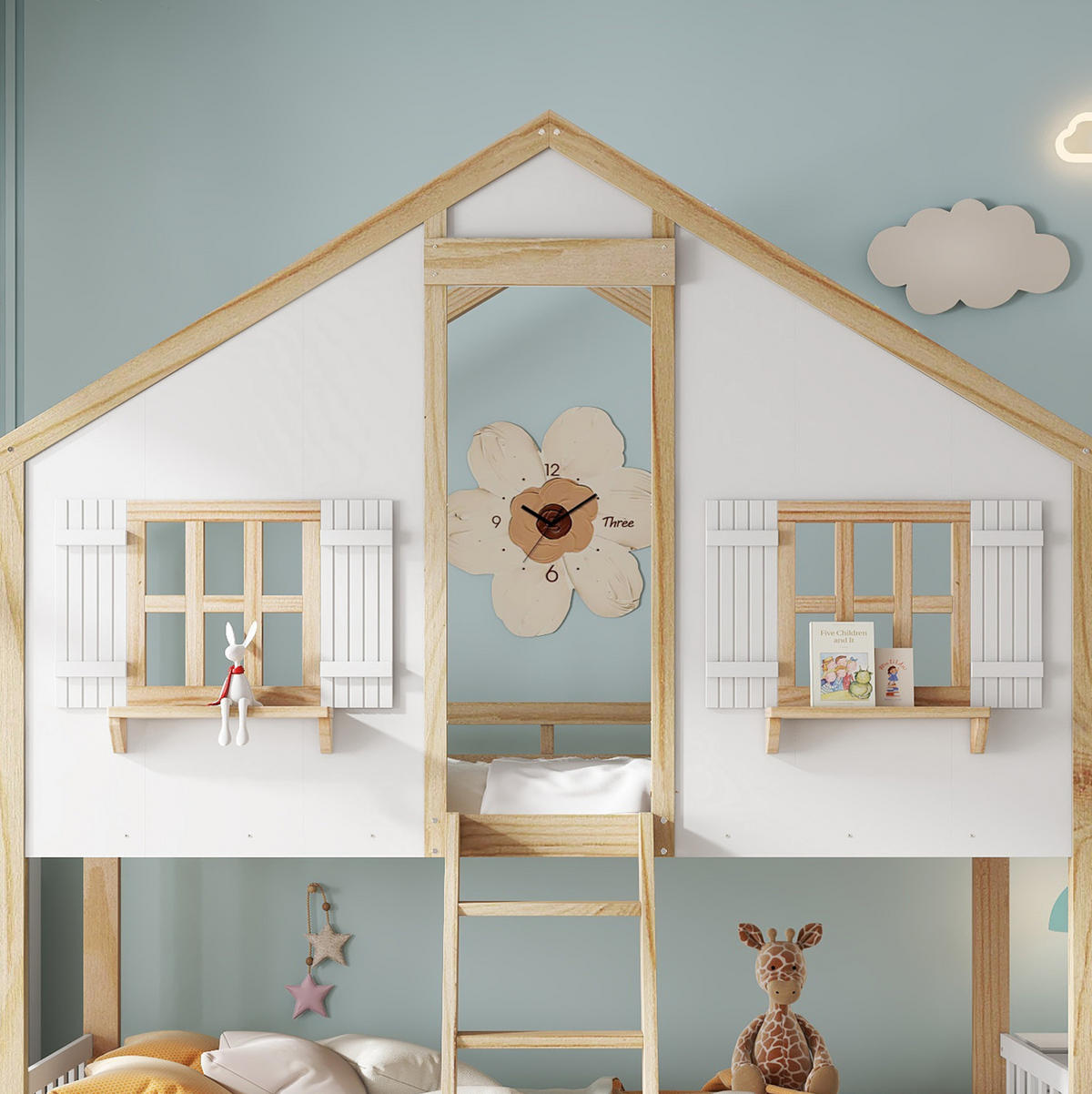 POSCHODOVÁ posteľ 90/200 cm biela/prírodná s oknami a strechou z masívneho dreva a MDF - biela, kompozitné drevo (90/200cm) - OKWISH