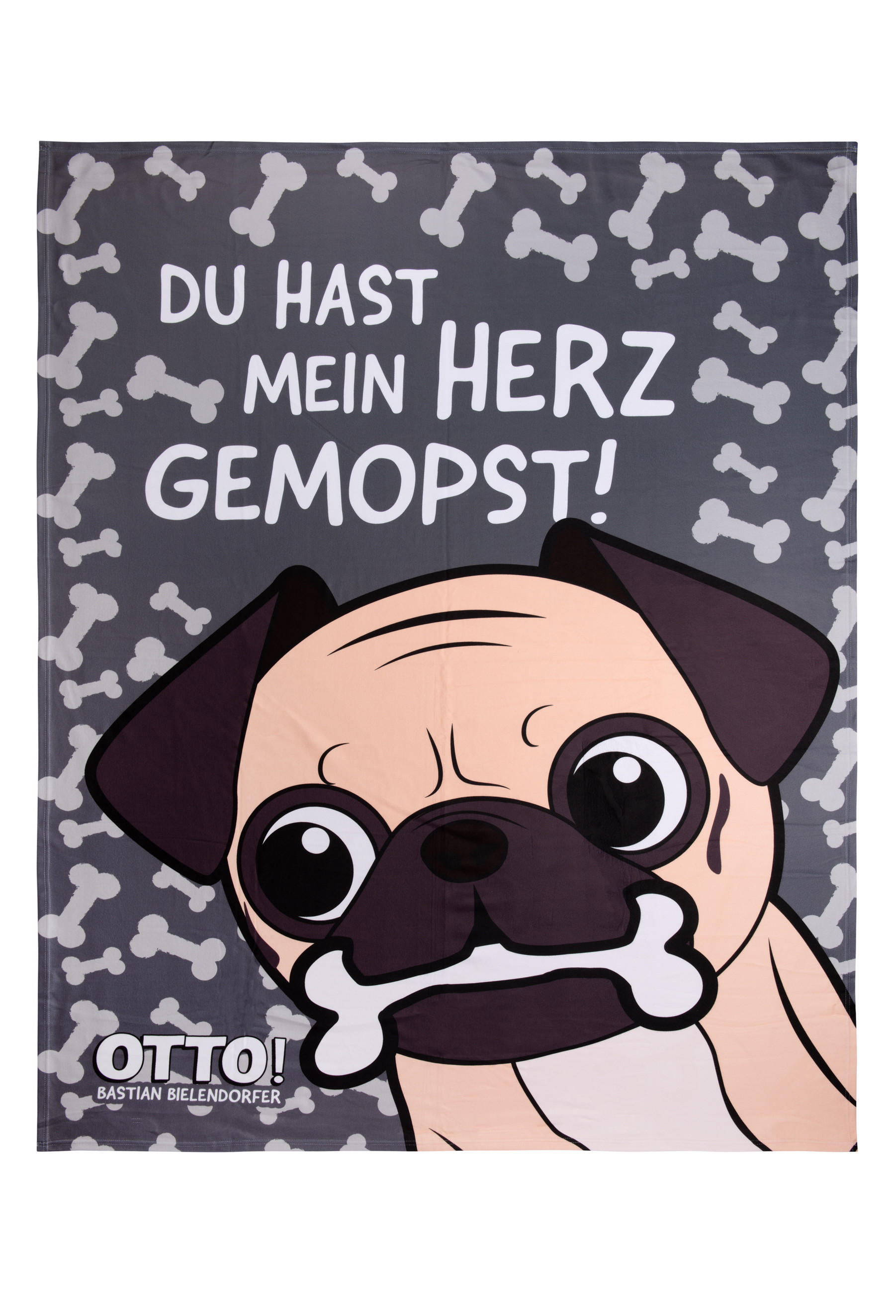 KUSCHELDECKE Bastian Bielendorfer Mops Otto Du hast mein Herz gemopst! Grau 130 x 170 cm - Grau, Textil (130/170cm) - United Labels