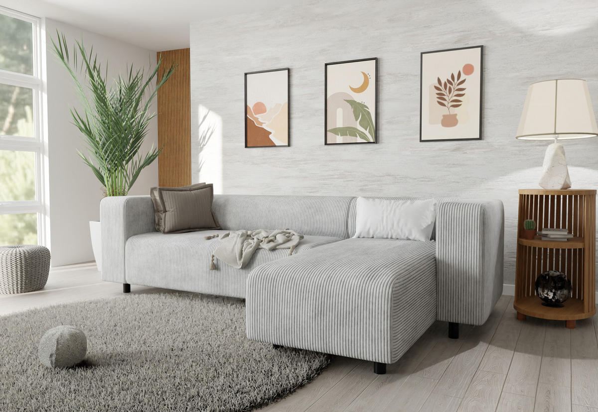 ECKSOFA Tove Hellgrau Cord - Ottomane rechts - Hellgrau/Schwarz, Holz/Kunststoff (240/142cm) - S-Style Möbel