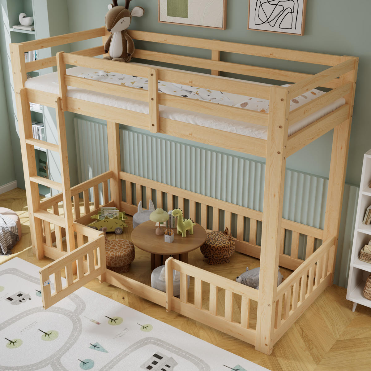 ETAGENBETT 90/200 cm aus Kiefern mit rechtwinkliger Treppe, Tür und freiem Raum darunter, Natur - Naturfarben, Holzwerkstoff (90/200cm) - Redom