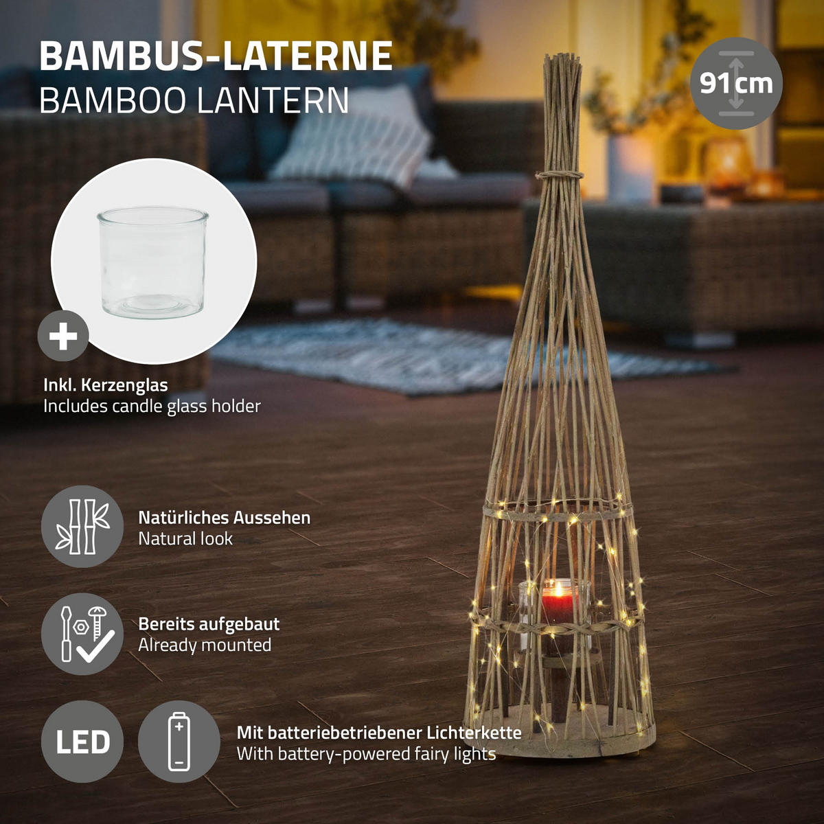 BAMBUSOVÁ LAMPION V: 91 cm, dřevěná barva, styl boho - přírodní, dřevo (26.5/91/26.5cm) - ECD-Germany