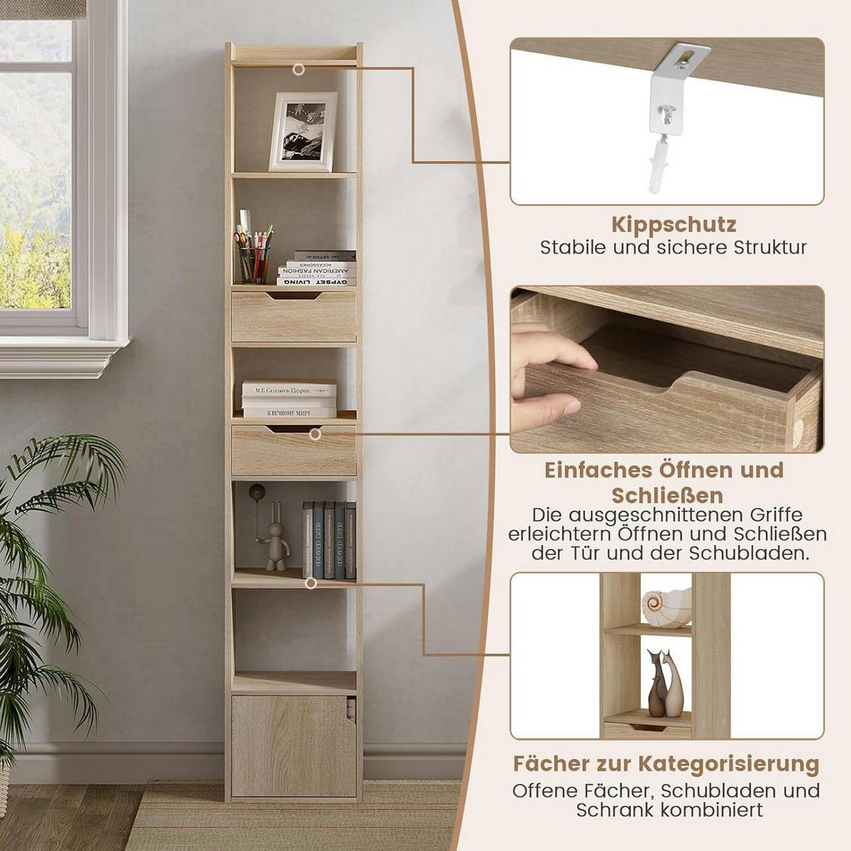 BÜCHERREGAL mit 6 Ablagen, aus Holzwerkstoff, Helle Eiche - Eichefarben, Holzwerkstoff (33/181/24cm) - Woltu