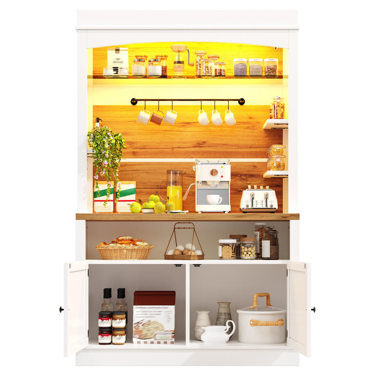 KÜCHENSCHRANK 107x34x184 cm, LED-Beleuchtung, 6 Haken, Glasboden, Weiß - Weiß, Holzwerkstoff (107/184/34cm) - FOHERE