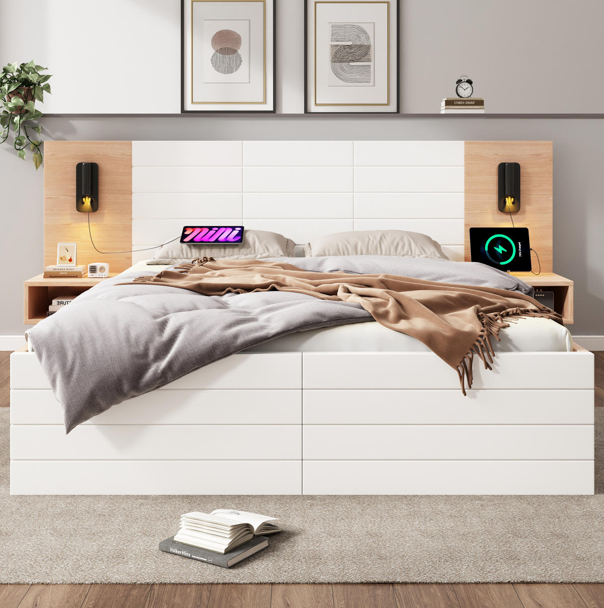 DOPPELBETT 180/200 cm Eiche und Weiß mit Leselicht und USB-Ladeanschluss - Weiß, Holzwerkstoff (180/200cm) - OKWISH