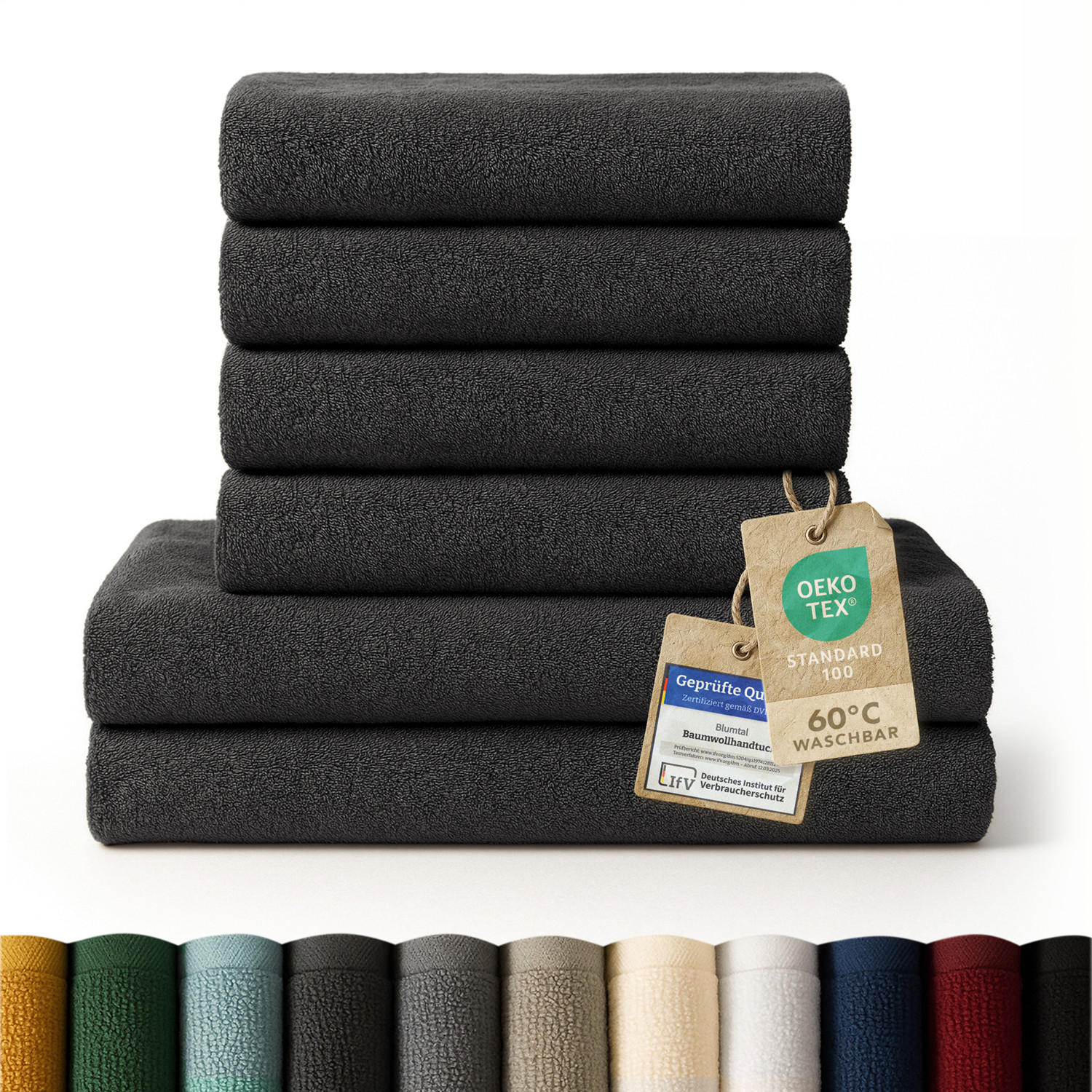 BADETUCH 6-teilig, 2x Badetuch 70/140 + 4x Handtuch 50/100 cm, Dunkelgrau - Dunkelgrau, Textil (70/140cm) - Blumtal