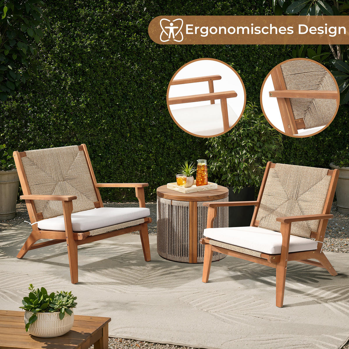 73CM Outdoor-Ess- und Terrassenstuhl aus Akazienholz mit Kissen - Ahornfarben, Holz (73/73/64.5cm) - Hometopia