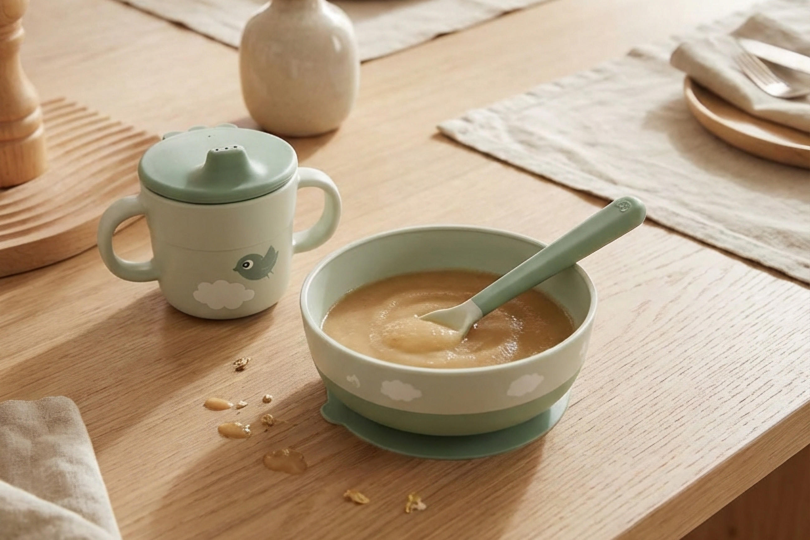 Schale mit Babybrei und Löffel sowie Trinkbecher mit zwei Griffen auf Holztisch mit Tischdecke.