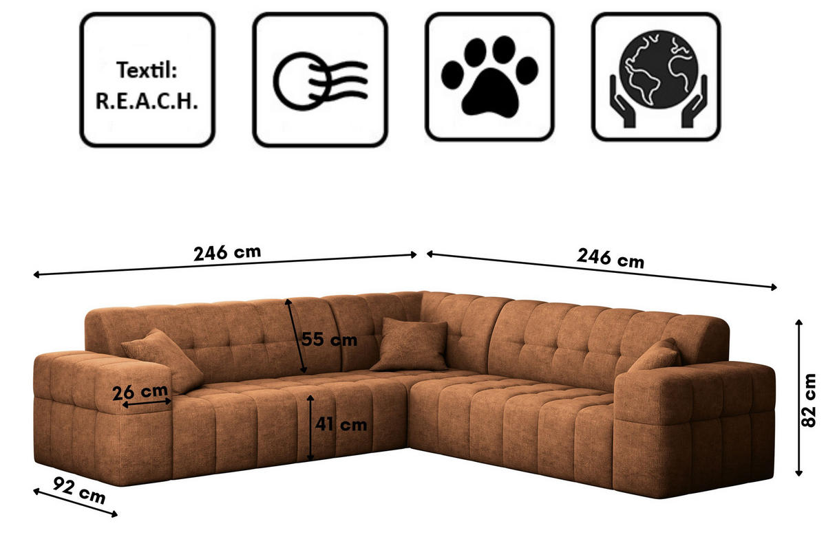 ECKSOFA Corner NIMES Stoff Perfect Harmony Orange - Orange, Holz (246/246cm) - Kaiser Möbel