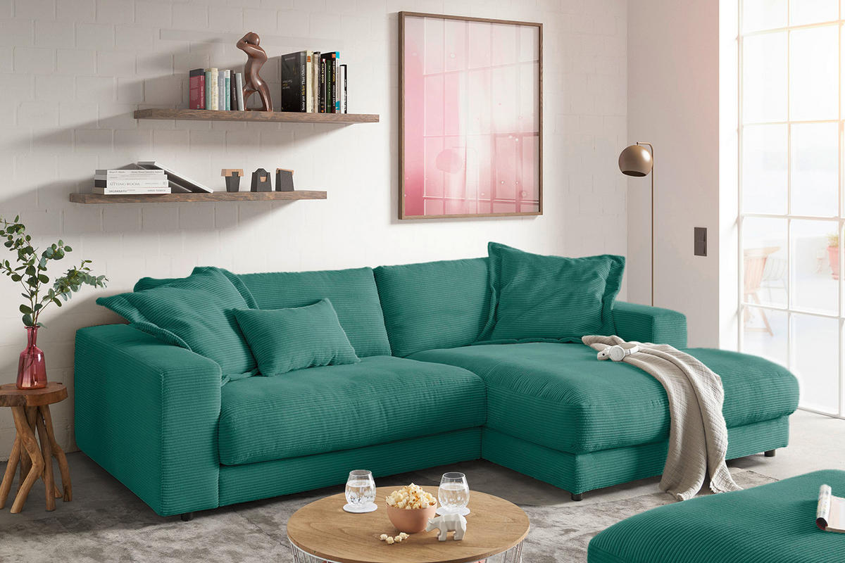 ECKSOFA MADELINE Smaragdgrün Cord - Smaragdgrün/Schwarz, Kunststoff/Textil (270/190cm) - KAWOLA