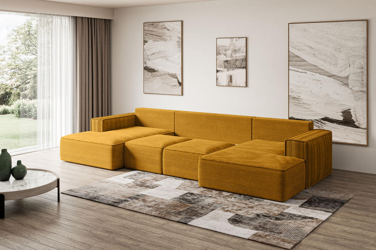 WOHNLANDSCHAFT mit Schlaffunktion und Bettkasten SIERRA-U-S - 349x161x87 cm Senfgelb Cord - Currygelb/Schwarz, Holzwerkstoff/Kunststoff (349/87/161cm) - ALTDECOR