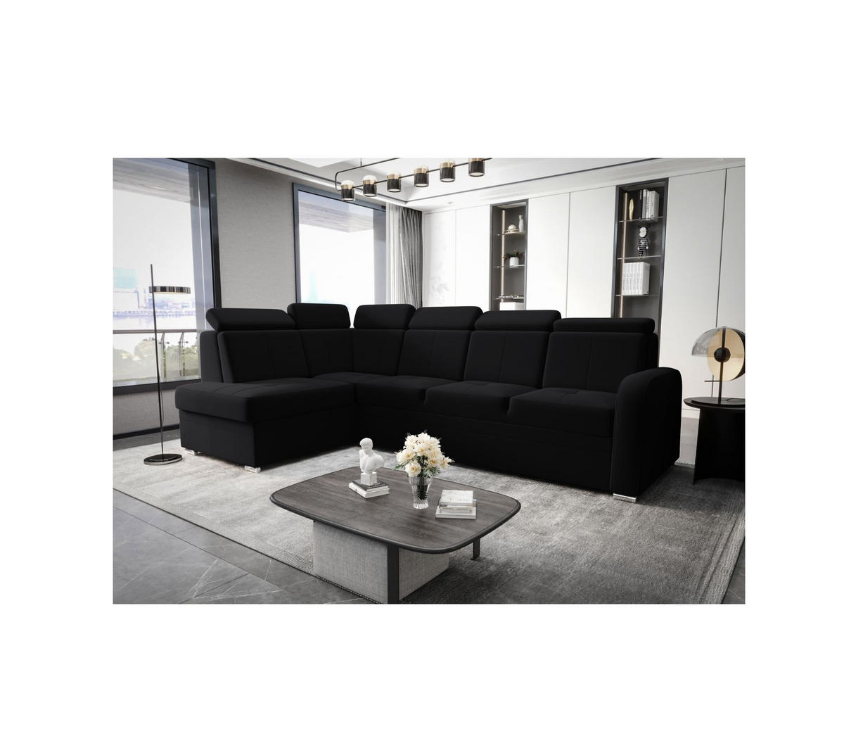 ECKSOFA KONGO RBN11, Eckcouch in L-Form mit Schlaffunktion, Farbe: Schwarz, Velourstoff, Ottomane Links - Schwarz, Textil (304/180cm) - O-Sofa