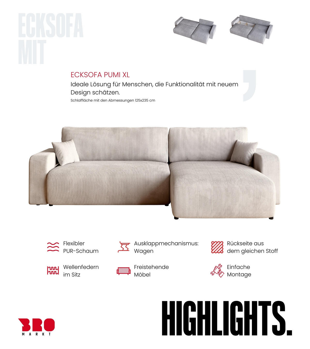 ECKSOFA PUMI XL mit Schlaffunktion Vanille Cord - Creme, Textil (274/148cm) - Bromarkt