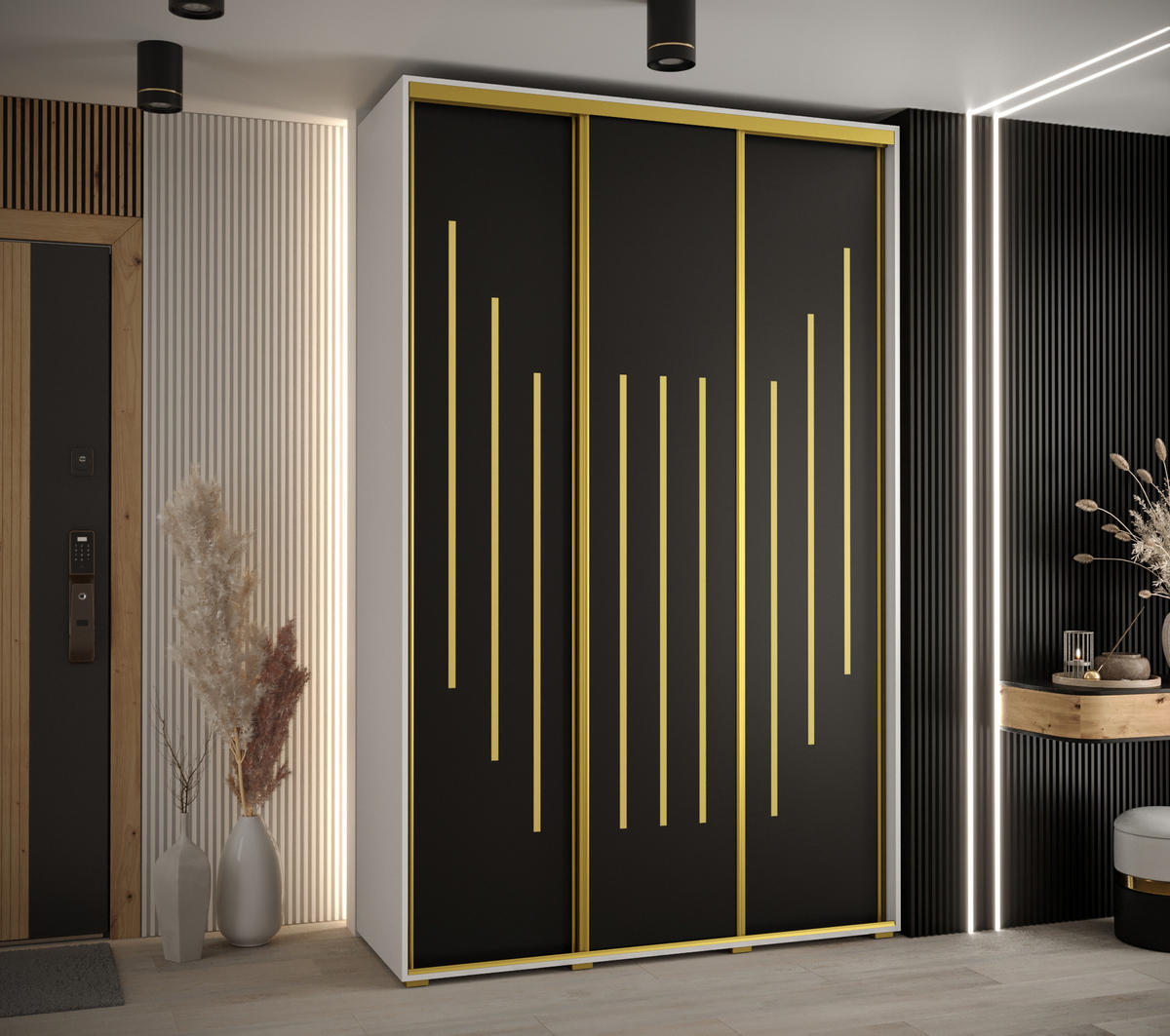 SCHWEBETÜRENSCHRANK 235,2/160/60 3-türig - Goldfarben/Schwarz, Holz/Metall (160/235/60cm) - Abiks Möbel