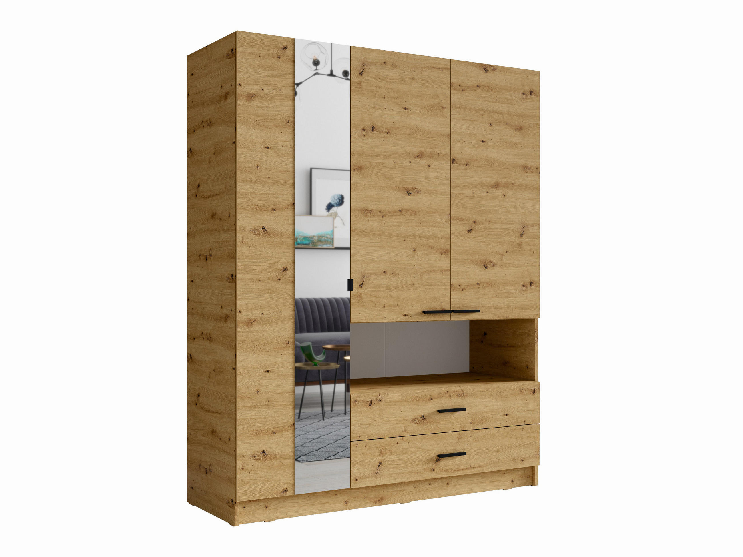 DREHTÜRENSCHRANK CHARON 158,3/200,6/55cm 3-türig mit Spiegel Eiche Artisan - Eiche Artisan, Holzwerkstoff (158.3/200.6/55cm) - MASSENO