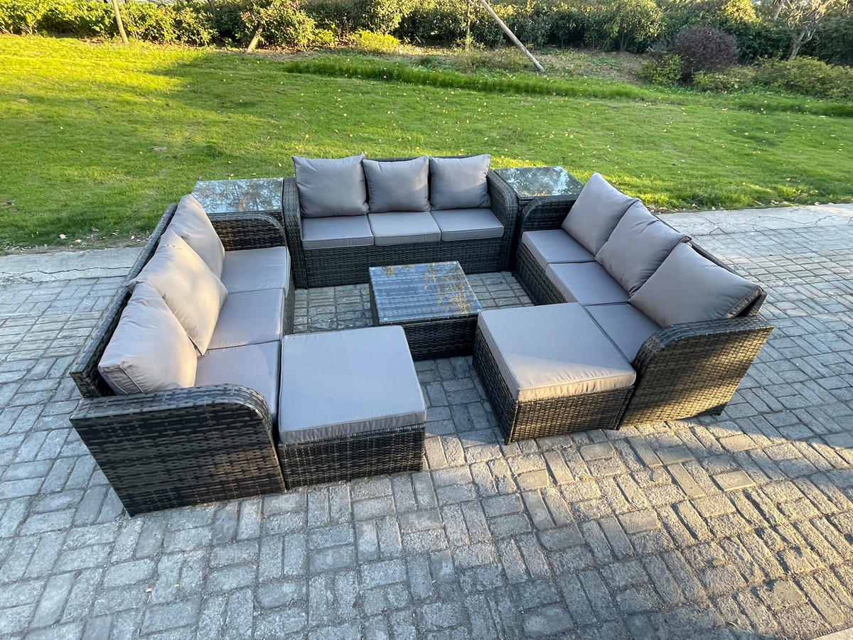 GARTENMÖBELGARNITUR mit KISSEN Polyrattan Dunkelgrau 11-Sitzer - Dunkelgrau/Grau, Glas/Kunststoff - Fimous