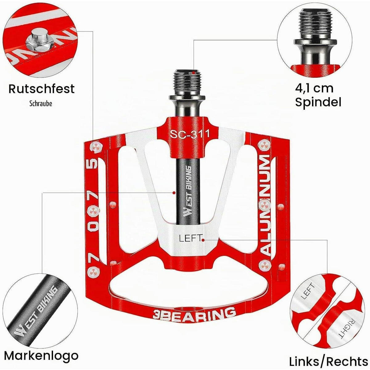 FAHRRADPEDALE Aluminium CNC Rot 9/16 Zoll rutschfest 3 Dichtlager - Rot, Metall (10/1.5/10cm)