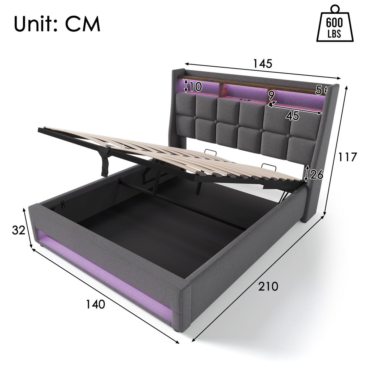 POLSTERBETT 140/200 cm grau mit USB-Anschluss und LED-Beleuchtung - Grau, Textil (140/200cm) - OKWISH