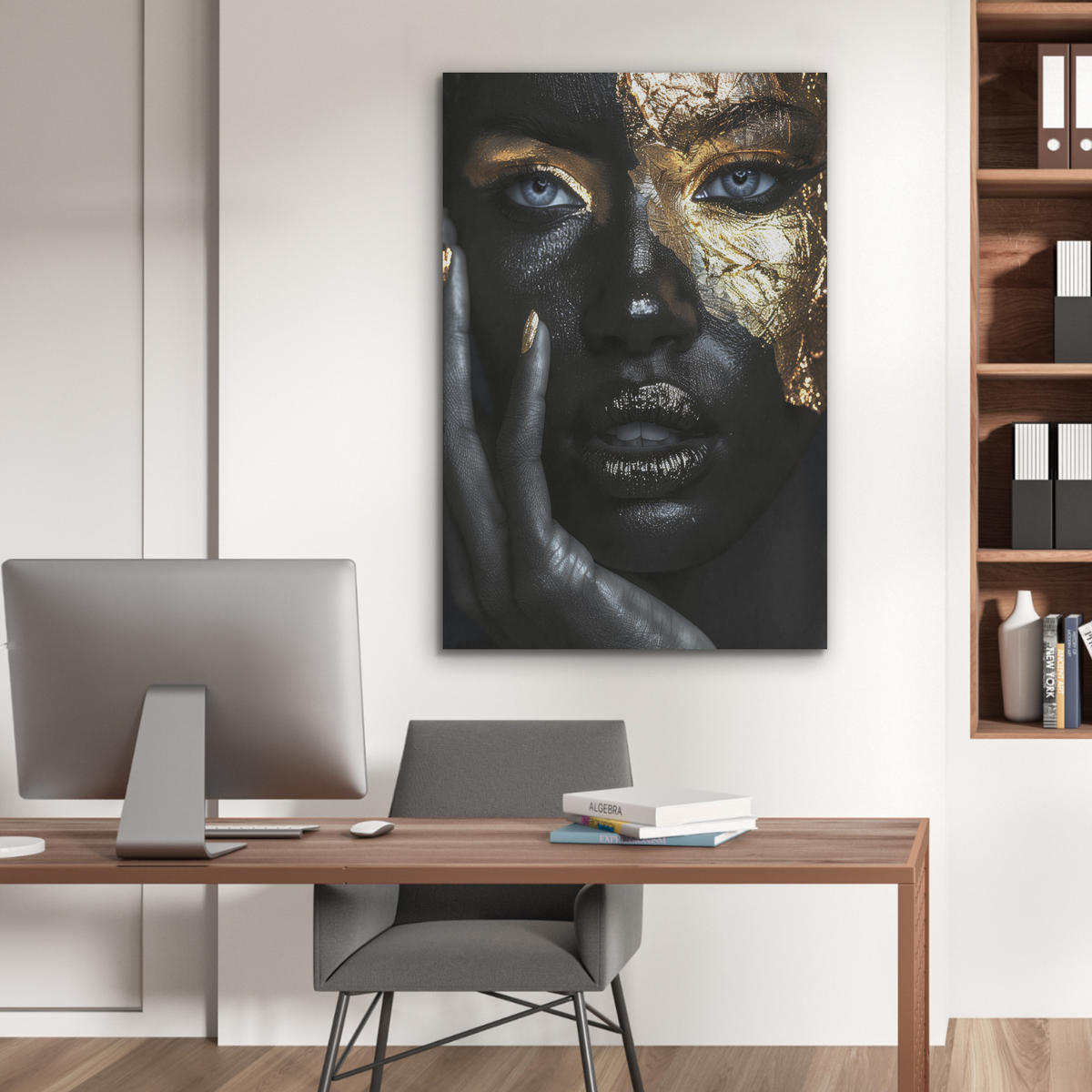 AKUSTIKPANEEL Frau - Gold - Porträt - Schwarz-Weiß - Luxus 70x100 cm - Hellblau, Textil (70/0.9/100cm) - MuchoWow