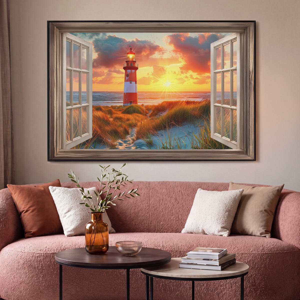 LEINWAND Bilder mit Rahmen - Aussicht - Fenster - Leuchtturm - Sonnenuntergang - Strand - 120x80 - Dunkelorange, Textil (120/80cm) - MuchoWow