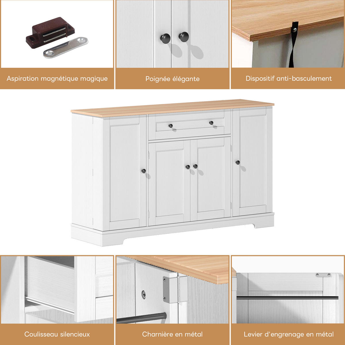 SIDEBOARD mit Schublade, Doppeltürfach und verstellbaren Einlegeböden, 138/40/85 cm, Natur und Weiß - Weiß, Holzwerkstoff (138/85/40cm) - Redom