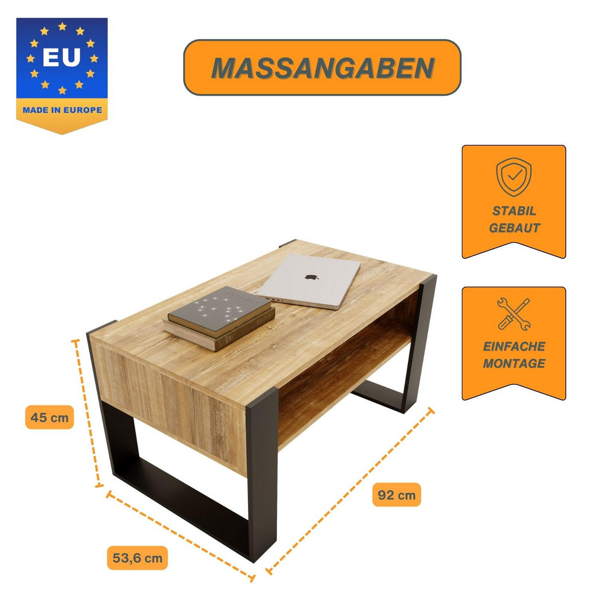 COUCHTISCH Karo92 92/45/53,6 - Kiefer Milford/Schwarz, Holzwerkstoff (54/92/45cm) - RAUMHIRSCH FURNITURE