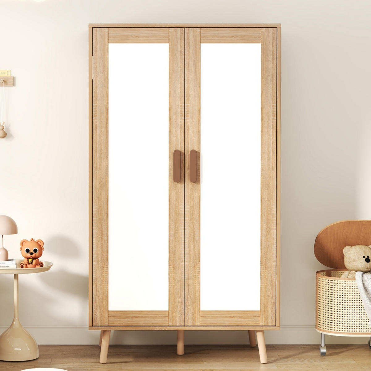KLEIDERSCHRANK aus MDF 80x46x141,5 cm Weiß/Natur mit Kleiderstange, Ablagefach und Kippschutz - Naturfarben, Holzwerkstoff (80/141.5/46cm) - Modfu