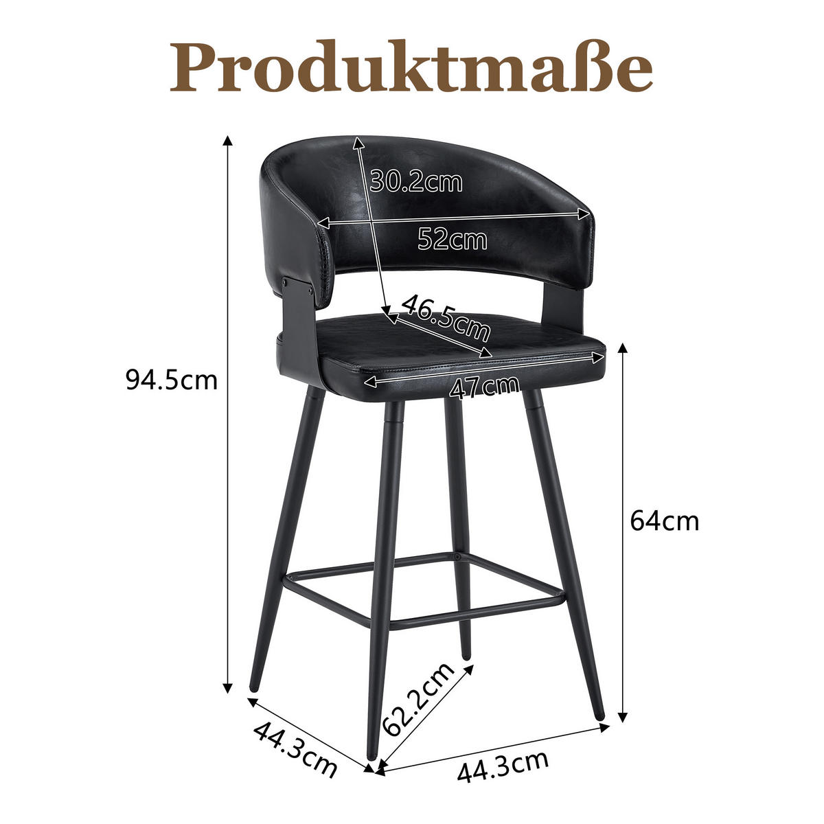 BARHOCKER DE-36675 2er-Set mit Kunstlederbezug und Metallgestell Schwarz - Schwarz, Metall (47/94.5/46cm) - ComfortXL