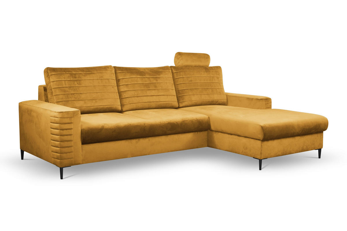 ECKSOFA GRIFO R-S Gelb Velours-Stoff mit Schlaffunktion - Gelb, Holz (253/165cm) - MASSENO