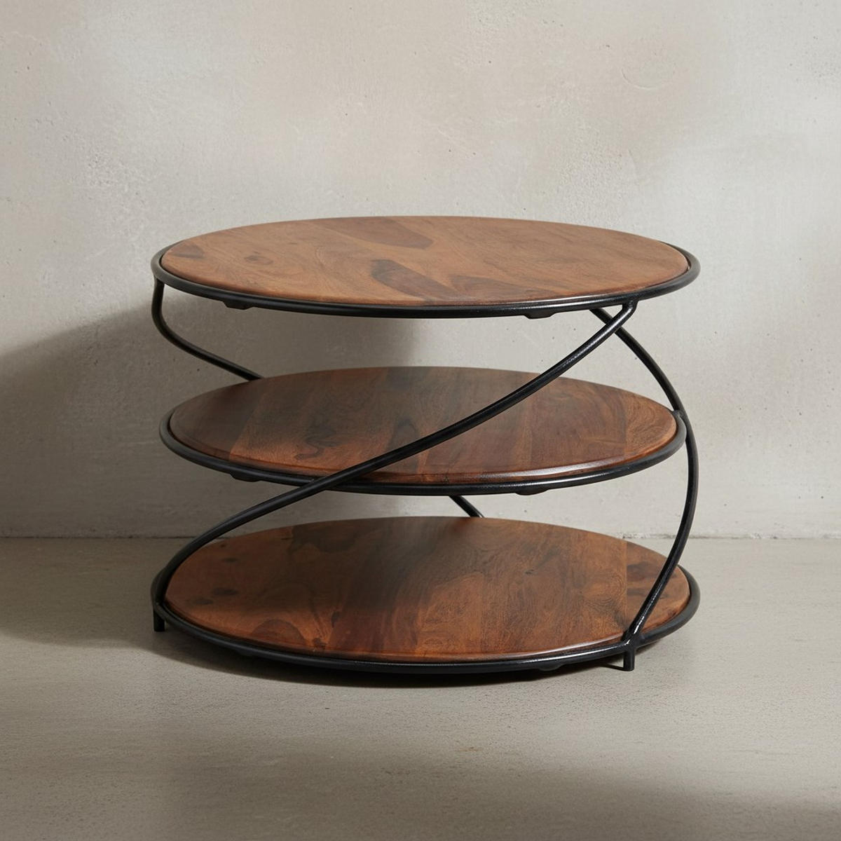 COUCHTISCH aus Sheesham-Massivholz, 58x58 cm, mit 3 Ablageflächen und außergewöhnlichem Design - Schwarz/Braun, Holz/Metall (58/58/40cm) - KADIMA DESIGN