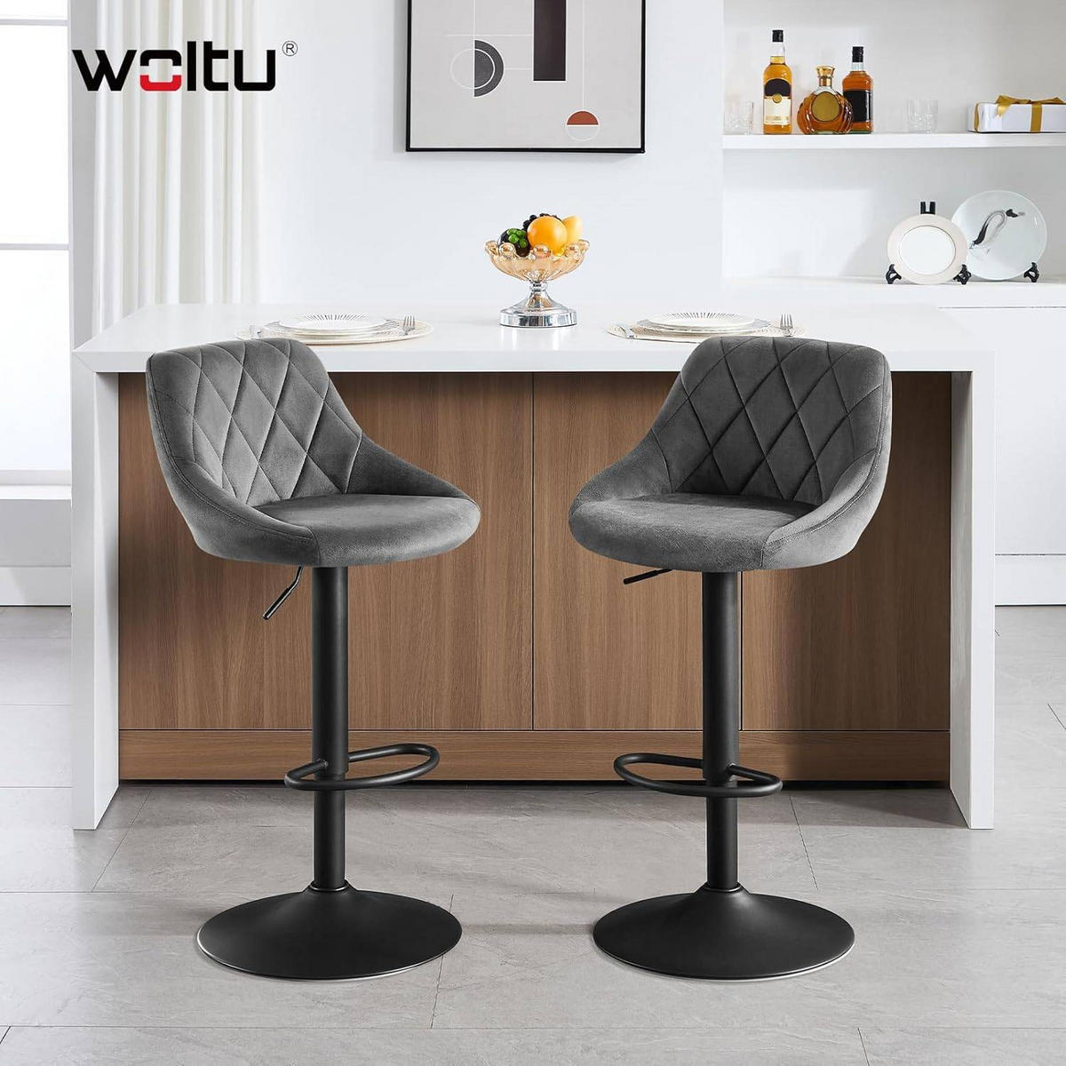 BARHOCKER aus Samt, Drehbar, Dunkelgrau - Dunkelgrau/Schwarz, Textil/Metall (47/83/39cm) - Woltu