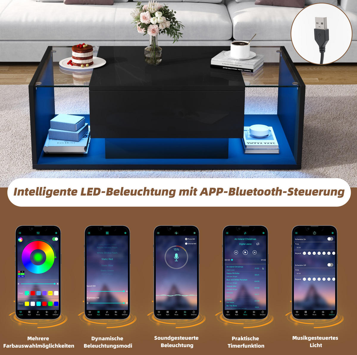 COUCHTISCH aus Spanplatte und Glas 100x50x31 cm in Schwarz mit LED & Schublade - Schwarz, Holzwerkstoff (100/50/31cm) - Modfu