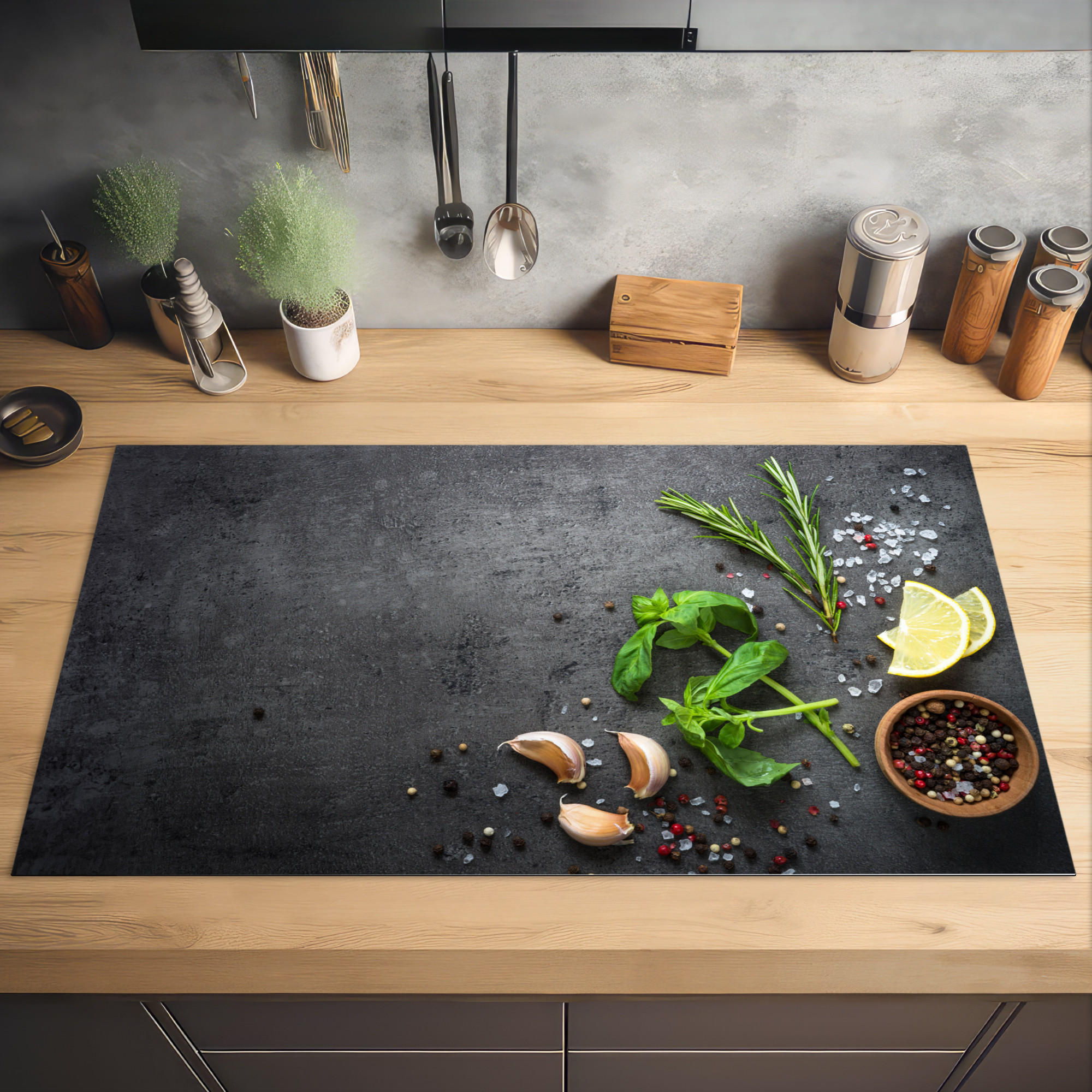 HERDABDECKPLATTE Limette - Kräuter - Gewürze - Grün - Grau - Beton 91x52 cm - Grün, Kunststoff (91.2/0.2/52cm) - MuchoWow