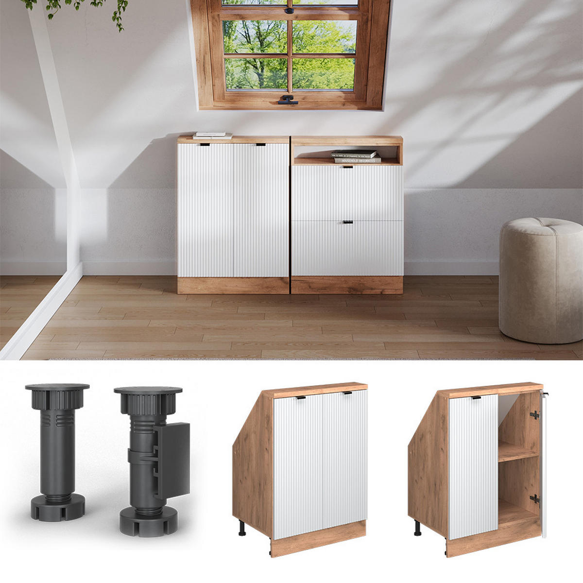 DACHSCHRÄGENSCHRANK Rion Weiß Riffel 60 x 81.6 cm mit 2 Türen - Weiß, Holzwerkstoff (60/81.6/46cm) - Vicco