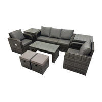 GARTENSOFA SET mit LIEGESTUHL Polyrattan 7-Sitzer Dunkelgrau - Dunkelgrau/Grau, Glas/Kunststoff - Fimous
