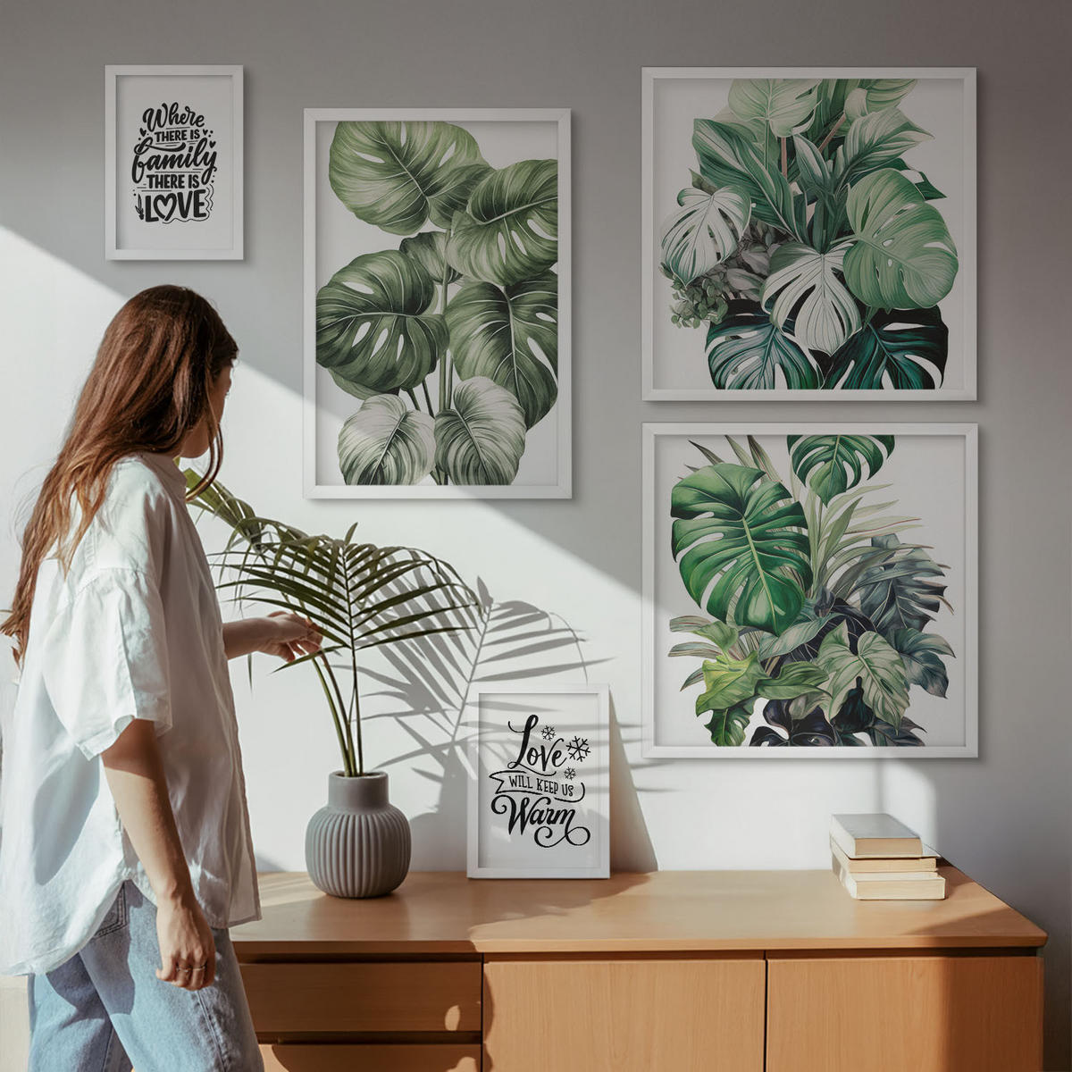WANDBILDER 5er-Set - 50x50 cm & 20x30 cm & 40x60 cm Weißer Rahmen - Gemalte Abstraktionen der Natur - Weiß, Kunststoff (40/60cm) - ArtPrintCave