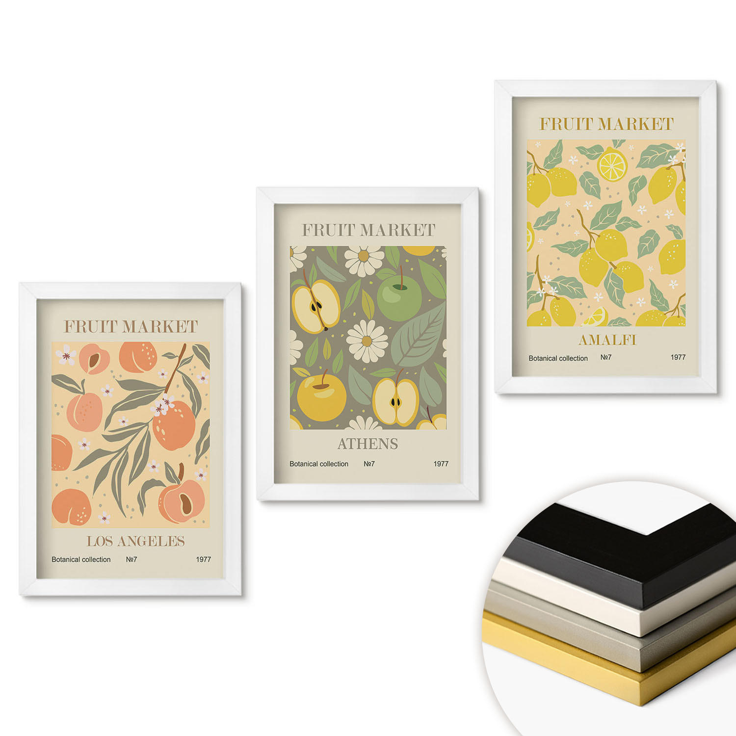 WANDBILDER 3er-Set - 20x30 cm Weißer Rahmen - Retro-Poster mit Fruchtmustern - Weiß, Kunststoff (20/30cm) - ArtPrintCave