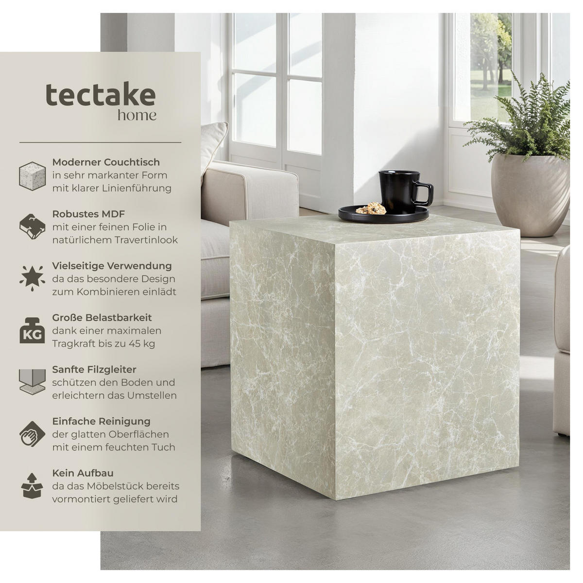 COUCHTISCH Lasley,45 x 45 x 50 cm,Travertin Optik - Beige, Holz (45/45/50cm) - tectake