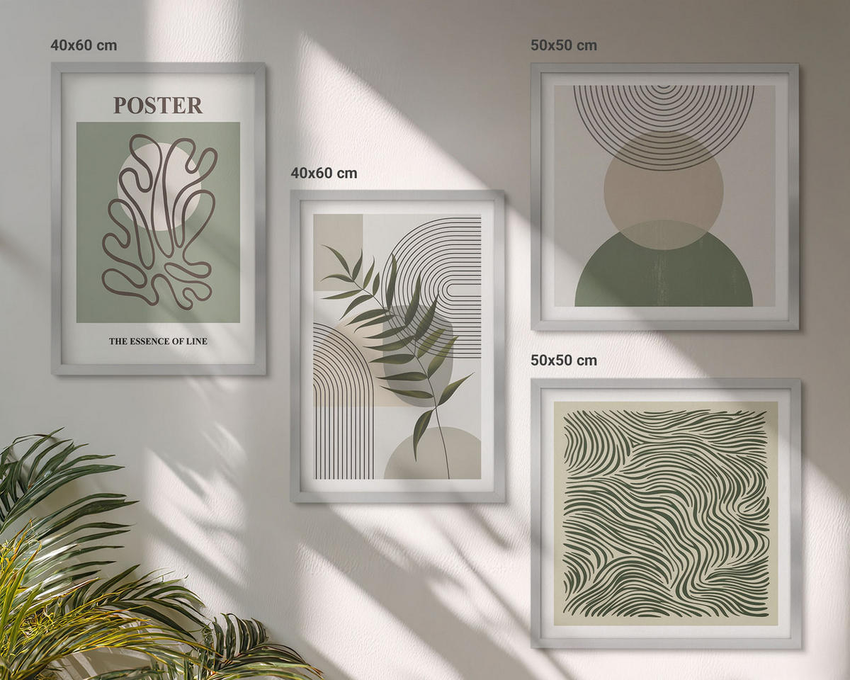 BILDER SET 4er Set - 50x50 cm & 40x60 cm Silberner Rahmen - Geometrische botanische Muster - Silberfarben, Kunststoff (50/50cm) - TULUP