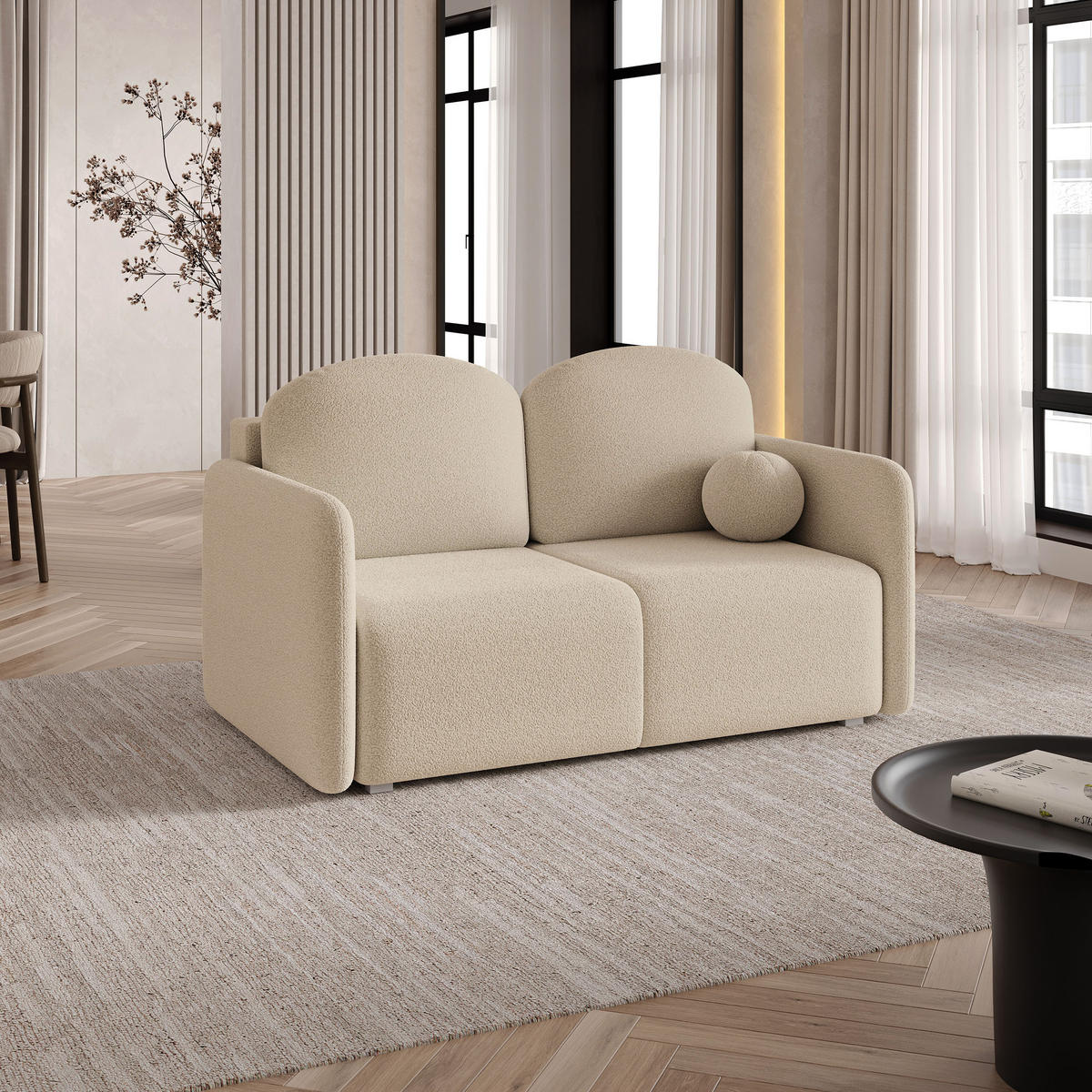 BETTSOFA SUVI II Q Beige Bucle-Stoff mit Schlaffunktion - Beige, Textil (90/85/153cm) - MASSENO