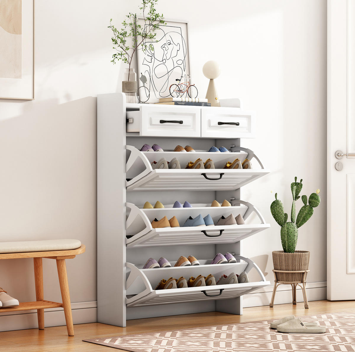 SCHUHSCHRANK aus Spanplatte 80x23,5x131cm in Weiß mit 3 Klappen & 2 Schubladen - Weiß, Holzwerkstoff (80/131/23.5cm) - Modfu