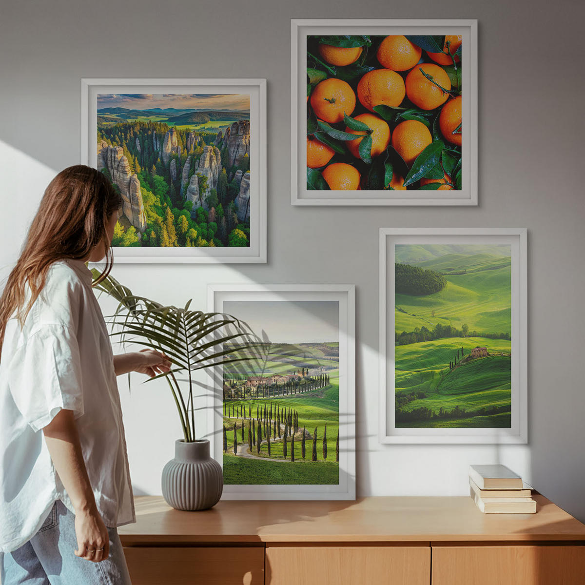 BILDER SET 4er Set - 50x50 cm & 40x60 cm Weißer Rahmen - Italienische Landschaft Orangen Natur - Weiß, Kunststoff (50/50cm) - TULUP