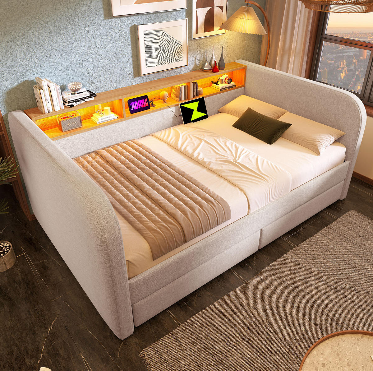 ČALOUNĚNÁ postel 140/190 cm, světle béžová, len, LED osvětlení a USB-C - béžová, textil (140/190cm) - BEAOK