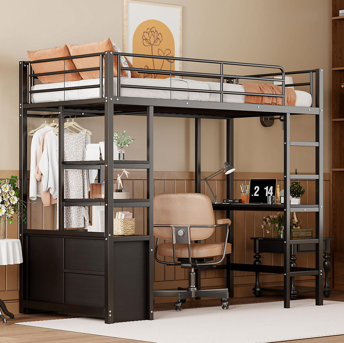 HOCHBETT 90/200 cm Schwarz aus Metall mit Schreibtisch und Regalen - Schwarz, Metall (90/200cm) - OKMYHOME
