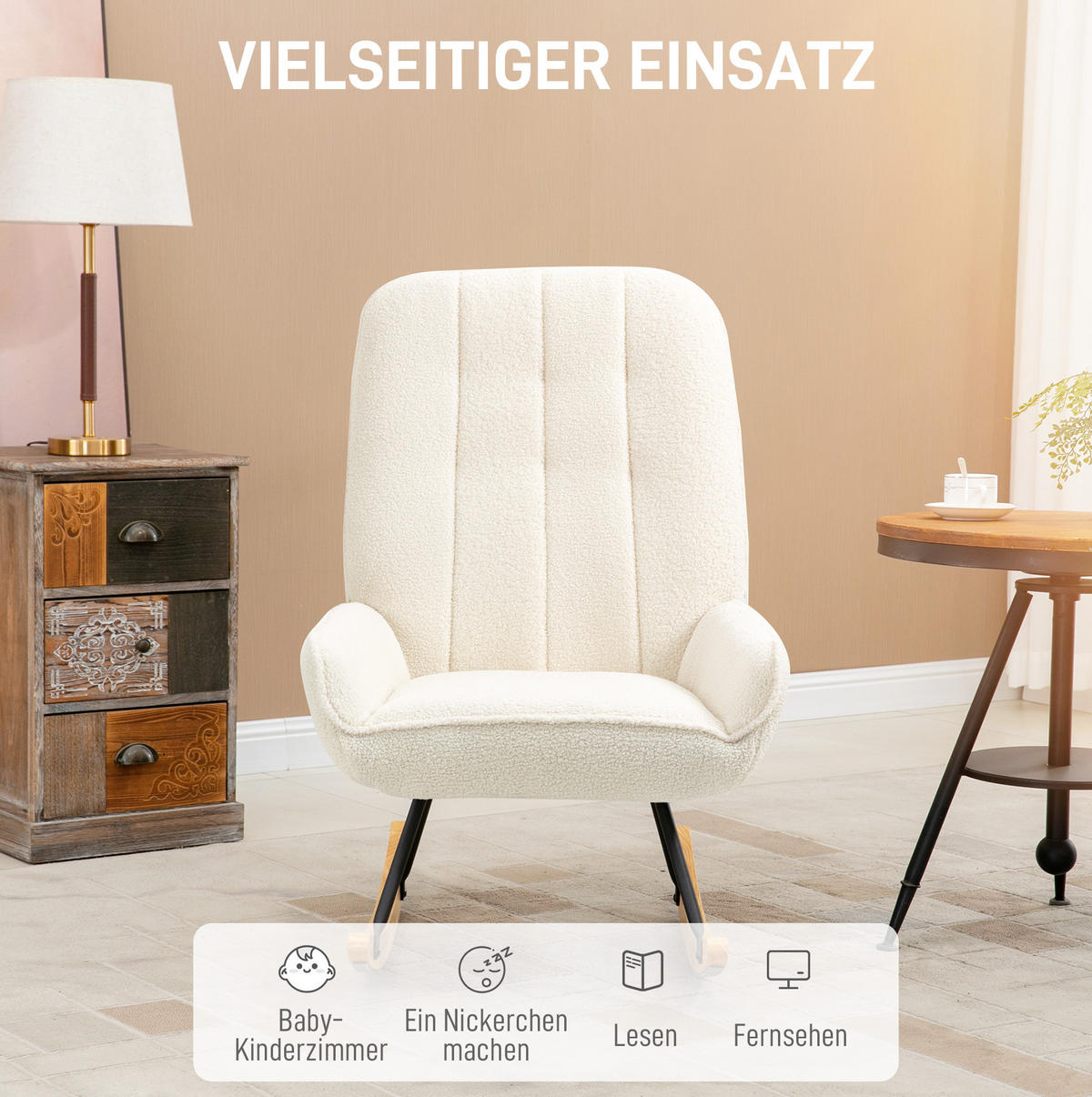 SCHAUKELSTUHL Sherpa-Vlies Schwingsessel 63/95/97 cm Cremeweiß - Creme, Holz (95/97/63cm) - Redom